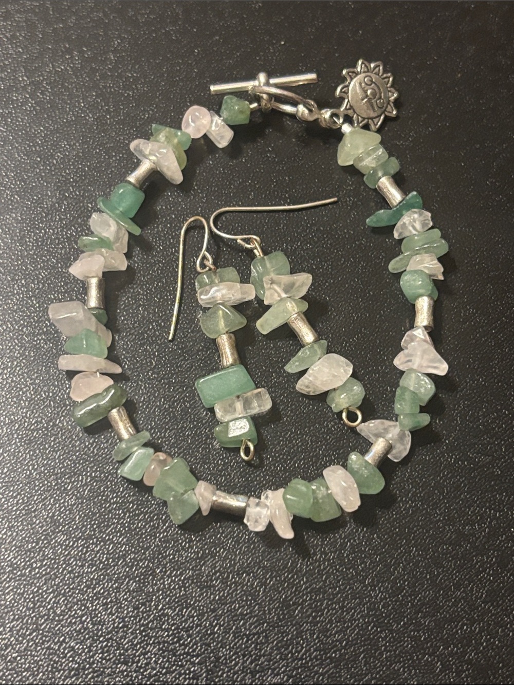Green and‎ Light Pink Gemstone Chip Bracelet and Earrings Set